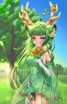  1girl animal_ear_fluff animal_ears antlers ark_evil02 bangs breasts commission detached_sleeves dress elbow_gloves english_commentary eyebrows_visible_through_hair flower gloves green_dress green_eyes green_hair half-closed_eyes haruka_karibu highres holding holding_flower indie_virtual_youtuber long_hair looking_at_viewer medium_breasts moose_ears moose_girl orange_flower orange_rose rose sky smile spring_(season) very_long_hair virtual_youtuber watermark white_gloves 