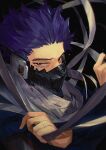  1boy bags_under_eyes blurry boku_no_hero_academia costume depth_of_field forehead from_side gym_uniform jumpsuit looking_at_viewer male_focus mask messy_hair mm39572 mouth_mask purple_hair scarf shinsou_hitoshi short_hair soft_focus solo spiky_hair sweat twitter_username u.a._gym_uniform violet_eyes 