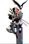  1boy bald_eagle batman_(series) bird black_footwear clenched_hand dc_comics dexter_soy eagle english_commentary fur_trim gloves grey_gloves helmet highres jason_todd male_focus red_ronin_(dc) solo superhero sword weapon weapon_on_back white_background white_eyes 