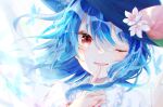  1girl ;d bangs black_headwear blue_hair eyebrows_visible_through_hair flower food fruit highres hinanawi_tenshi index_finger_raised kouri_midori leaf light_particles long_hair looking_at_viewer one_eye_closed open_mouth peach red_eyes smile touhou upper_body 