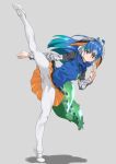  1girl absurdres ahoge aqua_hair bangs black_hair blue_bow blue_bowtie blue_hair blue_vest bow bowtie eyebrows_visible_through_hair flexible full_body gradient_hair grey_background hair_between_eyes head_wings high_kick highres kemono_friends kicking layered_sleeves leg_up long_hair long_sleeves looking_at_viewer multicolored_hair orange_eyes pantyhose peafowl_(kemono_friends) shoes short_over_long_sleeves short_sleeves simple_background skirt solo standing standing_on_one_leg tanabe_(fueisei) tiptoes vest white_footwear white_hair white_legwear 