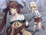  2girls battle_rifle blonde_hair brown_hair fingerless_gloves fur_hat girls_frontline gloves green_eyes gun hat highres m14 m14_(girls&#039;_frontline) multiple_girls nagant_m1895 nagant_revolver_(girls&#039;_frontline) red_eyes restaurant rifle rynzfrancis school_uniform serafuku trigger_discipline twintails ushanka weapon window 