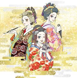  3girls alternate_costume alternate_hairstyle black_hair blonde_hair blue_eyes forehead highres hinatsuru_(kimetsu_no_yaiba) japanese_clothes kimetsu_no_yaiba makio_(kimetsu_no_yaiba) mouse multicolored_hair multiple_girls npsv7445 oiran suma_(kimetsu_no_yaiba) violet_eyes yellow_eyes 