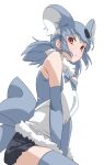  1girl absurdres animal_ears bare_shoulders between_legs brown_eyes elbow_gloves extra_ears eyebrows_visible_through_hair fur_collar gloves grey_gloves grey_hair grey_legwear hand_between_legs highres kemono_friends koala_(kemono_friends) long_hair looking_at_viewer low_twintails parted_lips simple_background sleeveless solo tanabe_(fueisei) thigh-highs twintails white_background 