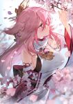  1girl animal_ears black_bow blurry blurry_foreground blush bow branch breasts cherry_blossoms closed_mouth commentary detached_sleeves earrings eyebrows_visible_through_hair eyelashes flower_knot fox_ears from_side genshin_impact hair_between_eyes headpiece highres japanese_clothes jewelry long_hair medium_breasts miko necklace petals pink_hair profile sideboob siohanabi smile solo tassel upper_body violet_eyes wide_sleeves wind yae_miko 