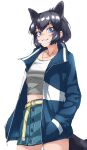  1girl absurdres animal_ears black_hair black_jaguar_(kemono_friends) blue_eyes blue_jacket blue_skirt casual cowboy_shot denim denim_skirt extra_ears eyebrows_visible_through_hair hands_in_pockets highres jacket jaguar_ears jaguar_girl jaguar_print jaguar_tail jewelry kemono_friends kemono_friends_3 long_sleeves looking_at_viewer midriff_peek miniskirt necklace official_alternate_costume shirt short_hair skirt smile solo tail tanabe_(fueisei) white_shirt yellow_belt 