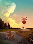  animal animal_focus cat clouds dog english_commentary grass highres jauni_(tofublock) no_humans original plant railroad_tracks road road_sign shadow shiba_inu sign sky sparkle star_(sky) starry_sky stop_sign sunset tree 