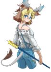  1girl absurdres animal_ears bare_shoulders blonde_hair blouse blue_eyes blue_pants brown_hair cowboy_shot cropped_legs denim extra_ears eyebrows_visible_through_hair from_behind giraffe_ears giraffe_girl giraffe_horns giraffe_tail hair_between_eyes highres horns jeans kemono_friends kemono_friends_3 long_sleeves looking_at_viewer multicolored_hair off_shoulder official_alternate_costume pants short_hair sivatherium_(kemono_friends) solo suspenders tail tanabe_(fueisei) weapon white_blouse 