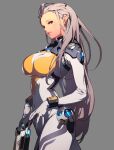  1girl breasts brown_eyes covered_navel english_commentary from_side gloves grey_gloves gun hair_behind_ear highres holding holding_gun holding_weapon joybrew large_breasts long_hair open_hand original parted_lips pilot_suit science_fiction solo weapon 