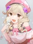  1girl :d bangs blonde_hair bow braid brown_eyes dress faye_(fire_emblem) fire_emblem fire_emblem_echoes:_shadows_of_valentia fire_emblem_heroes flower hair_flower hair_ornament hat highres holding holding_flower long_hair looking_at_viewer open_mouth pink_bow pink_headwear ribbon sanoyo_fe smile solo twin_braids upper_body 