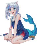  1girl :d animal_ears artofkuzu bag bangs bare_arms bare_legs between_legs blue_eyes blue_hair blue_nails blue_skirt blush cat_ears commentary english_commentary fish_tail full_body gawr_gura hand_between_legs highres hololive hololive_english looking_at_viewer multicolored_hair nail_polish sandals shark_tail sharp_teeth side_ponytail silver_hair simple_background skirt smile solo streaked_hair tail teeth upper_teeth virtual_youtuber white_background 