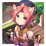  1girl animal_ear_fluff animal_ears balcony bangs bangs_pinned_back bare_shoulders beret border cat cat_ears cat_girl cat_tail crop_top detached_sleeves diona_(genshin_impact) forehead frown genshin_impact green_eyes hat highres looking_at_viewer midriff navel parted_bangs pink_hair ribbon short_hair solo tail tail_ornament tail_ribbon thick_eyebrows white_border zingk0116 