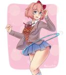  1girl :d blazer blue_eyes bow cardigan_vest doki_doki_literature_club eyebrows_visible_through_hair hair_bow highres hoop hula_hoop jacket looking_at_viewer open_mouth pink_hair raion_(raionart) red_bow ribbon sayori_(doki_doki_literature_club) school_uniform short_hair skirt smile solo 