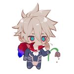  1boy black_bodysuit blue_eyes bodysuit cape chest_jewel chibi crying earrings fate/apocrypha fate/extella fate/extella_link fate/extra fate/extra_ccc fate/extra_ccc_fox_tail fate/grand_order fate_(series) flower fur_collar holding holding_flower jewelry karna_(fate) male_focus red_eyes sad simple_background single_earring solo spiky_hair sqloveraven type-moon white_background white_hair 