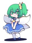  1girl :&gt; ascot bangs blue_footwear blue_shirt blue_skirt bow closed_mouth daiyousei eyebrows_visible_through_hair fairy_wings fried_rice0614 full_body green_eyes hair_bow highres looking_at_viewer own_hands_together shirt short_sleeves side_ponytail simple_background skirt smile solo standing touhou v_arms white_background white_legwear wings yellow_ascot yellow_bow 