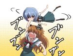  2girls angry arm_up ayanami_rei blue_hair brown_hair eyebrows_visible_through_hair finger_sucking fujitaka_nasu long_hair mouth_hold multiple_girls neon_genesis_evangelion open_mouth red_eyes ribbon saliva school_uniform shirt short_hair souryuu_asuka_langley 