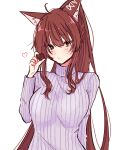  1girl animal_ear_fluff animal_ears bangs blush breasts brown_eyes brown_hair candy carbonu0 chocolate eyebrows_visible_through_hair food fox_ears fox_girl fumi_(nijisanji) heart heart-shaped_chocolate highres large_breasts long_hair looking_at_viewer nijisanji ponytail purple_sweater ribbed_sweater smile solo sweater upper_body virtual_youtuber white_background 