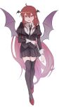  1girl absurdly_long_hair ahoge bat_wings black_jacket black_legwear black_necktie black_skirt blurry blush breasts depth_of_field eyebrows_visible_through_hair full_body hair_between_eyes head_wings highres jacket juliet_sleeves koakuma long_hair long_sleeves looking_at_viewer medium_breasts necktie parted_lips pleated_skirt plumapple3 puffy_sleeves red_eyes red_footwear redhead shirt simple_background skirt solo standing thigh-highs touhou very_long_hair walking white_background white_shirt wing_collar wings 