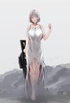  1girl absurdres alternate_costume barefoot breasts collarbone cyka full_body girls_frontline gun highres holding holding_gun holding_weapon large_breasts paradeus rpk-16_(girls&#039;_frontline) short_hair silver_hair solo walking weapon white_robe yellow_eyes 