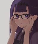  1girl absurdres bangs coke_(cokeandredtea) collared_shirt glasses hair_behind_ear highres holding holding_eyewear hololive hololive_english long_hair looking_at_viewer mole mole_under_eye ninomae_ina&#039;nis pointy_ears portrait purple_hair purple_shirt shirt solo twitter_username violet_eyes virtual_youtuber 
