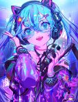  1girl android barcode blue_nails cat_ear_headphones choker collarbone english_commentary hair_ornament hatsune_miku head_tilt headphones highres holding holding_microphone jacket joybrew long_hair microphone off_shoulder open_mouth pink_choker purple_jacket smile solo star_(symbol) star_hair_ornament twintails vocaloid 