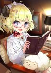  1girl :d absurdres ahoge animal_ears aran_sweater blonde_hair book bow bowtie choker dress glasses hair_ornament hairclip highres holding holding_book hololive horns looking_at_viewer moaiman open_mouth reading red-framed_eyewear red_choker ribbon_choker sailor_collar sailor_dress sheep sheep_ears sheep_girl sheep_horns short_hair smile solo sweater tsunomaki_watame violet_eyes virtual_youtuber white_bow white_bowtie white_sweater 