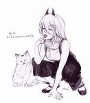  1girl absurdres bag cat chainsaw_man closed_eyes dress_pants fingernails flats highres horns licking licking_finger licking_paw long_hair monochrome nose power_(chainsaw_man) simple_background squatting svveetberry tank_top white_cat 
