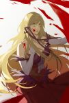  1girl bakemonogatari bangs bare_shoulders blonde_hair blood blood_on_face blood_splatter dress elbow_gloves gloves hair_ribbon highres kiss-shot_acerola-orion_heart-under-blade kizumonogatari koijammer long_hair monogatari_(series) pointy_ears ribbon vampire yellow_eyes 