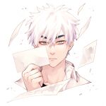  1boy black_shirt blue_eyes closed_mouth commentary_request holding holding_photo looking_at_viewer lu_guang male_focus nervous_lc open_clothes open_shirt photo_(object) portrait shiguang_dailiren shirt short_hair simple_background white_background white_hair white_shirt 