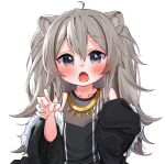  1girl absurdres ahoge animal_ear_fluff animal_ears bangs bare_shoulders black_jacket black_shirt blush commentary_request daichi_(daichi_catcat) eyebrows_visible_through_hair fang grey_eyes hair_between_eyes hands_up highres hololive jacket lion_ears long_hair long_sleeves looking_at_viewer open_mouth shirt shishiro_botan simple_background skin_fang sleeves_past_fingers sleeves_past_wrists solo upper_body virtual_youtuber white_background younger 