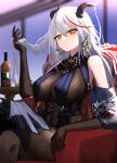  1girl absurdres aegir_(azur_lane) azur_lane bare_shoulders black_cape blurry blurry_background bodystocking boots bottle breast_curtains breasts brown_gloves cape cross cross-laced_clothes cross_earrings demon_horns earrings elbow_gloves eyebrows_visible_through_hair gloves hair_between_eyes hair_on_horn hand_in_hair highres horns impossible_clothes jewelry knee_boots large_breasts long_hair looking_at_viewer multicolored_hair orange_eyes redhead single_knee_boot sitting skin_tight solo streaked_hair two-tone_hair underbust very_long_hair white_hair zen.nico 