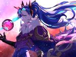  1girl bangs black_ribbon blue_bodysuit blue_eyes blue_hair bodysuit breasts cloak facial_mark fate/grand_order fate_(series) forehead_mark fur-trimmed_cloak fur_trim horns ishtar_(fate) light_blue_hair long_hair long_sleeves looking_to_the_side multicolored_hair ribbon ringed_eyes small_breasts solo space_ishtar_(fate) star-shaped_pupils star_(symbol) symbol-shaped_pupils two-tone_hair two_side_up type-moon upper_body user_vjwj4288 very_long_hair 