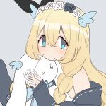  1girl absurdres blonde_hair blue_eyes blush davanchi flower hair_flower hair_ornament head_wreath highres long_sleeves looking_to_the_side pale_skin plushcharm rabbit solo stuffed_animal stuffed_toy vdonburi virtual_youtuber 