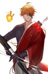  1boy absurdres arrow_(projectile) bangs black_gloves blue_eyes bow_(weapon) chinese_clothes closed_mouth eyepatch genshin_impact gloves hanfu highres holding holding_arrow holding_bow_(weapon) holding_weapon long_sleeves looking_at_viewer male_focus orange_hair pnk_crow short_hair simple_background solo tartaglia_(genshin_impact) weapon white_background 