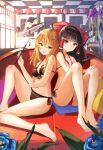  2girls :d absurdres bangs bare_arms bare_legs barefoot bikini black_bikini black_hair blonde_hair blue_flower blunt_bangs bow braid breasts collarbone eyebrows_visible_through_hair flower frilled_hair_tubes frills front-tie_bikini front-tie_top hair_bow hair_tubes hakurei_reimu halterneck hat hat_bow hat_removed headwear_removed highres holding indoors kirisame_marisa long_hair medium_breasts multiple_girls open_mouth red_bikini red_bow red_eyes rei_(farta_litia) shiny shiny_hair side-tie_bikini single_braid sitting smile straight_hair swimsuit touhou white_bow witch_hat yellow_eyes 