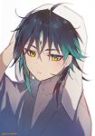  1boy alternate_costume aqua_hair azna bangs black_hair genshin_impact gradient_hair hand_on_own_head highres looking_at_viewer male_focus messy_hair multicolored_hair parted_lips robe simple_background solo towel towel_on_head twitter_username upper_body white_background xiao_(genshin_impact) yellow_eyes 