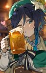  1boy alcohol bangs beer beer_mug black_hair blue_hair blush bow braid cup flower foam genshin_impact gradient_hair green_headwear gyoju_(only_arme_nim) hair_between_eyes hat heart highres holding holding_cup long_sleeves looking_at_viewer male_focus mug multicolored_hair one_eye_closed puckered_lips solo symbol-only_commentary twin_braids venti_(genshin_impact) white_flower 
