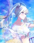  1girl absurdres bangs blue_eyes blue_sky breasts collarbone crop_top day eyebrows_visible_through_hair floating_hair hair_between_eyes hatsune_miku highres long_hair midriff outdoors parted_lips rei_(farta_litia) shirt short_sleeves silver_hair sketch sky small_breasts solo stomach twintails under_boob upper_body very_long_hair vocaloid white_shirt 