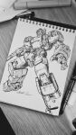  greyscale gun highres holding holding_gun holding_weapon ink_(medium) mecha monochrome no_humans notebook open_hand original pen photo_(medium) science_fiction solo subjekt_zero traditional_media visor weapon 