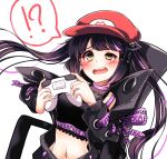  !? 1girl bangs black_hair black_jacket black_shirt blunt_bangs blush breasts chair commentary_request controller crop_top cross-laced_sleeves dameyoshi demon_girl demon_horns eyebrows_visible_through_hair game_controller heart heart_print highres holding holding_controller holding_game_controller horns jacket kojo_anna long_hair long_sleeves medium_breasts midriff multicolored_hair navel off_shoulder open_clothes open_jacket open_mouth pink_hair pointy_ears print_shirt red_headwear russian_text see-through_shirt shirt simple_background sleeveless sleeveless_shirt solo sugar_lyric super_mario_bros. twintails two-tone_hair uneven_eyes upper_body virtual_youtuber white_background yellow_eyes zipper 