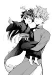 2boys alternate_costume barefoot carrying child chinese_clothes closed_mouth dragon_boy dragon_horns dragon_tail fang genshin_impact greyscale hair_between_eyes highres horns long_hair male_focus moboj13 monochrome multiple_boys open_mouth simple_background sweat tail tartaglia_(genshin_impact) wide_sleeves younger zhongli_(genshin_impact) 
