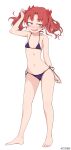  1girl absurdres ass_visible_through_thighs barefoot bikini blush bow breasts collarbone commission commissioner_upload drooling eyebrows_visible_through_hair groin hair_bow hand_in_hair highres legs looking_at_viewer micro_bikini navel non-web_source once_11h purple_bikini red_bow red_eyes redhead shirai_kuroko side-tie_bikini simple_background small_breasts smile solo standing swimsuit thighs toaru_kagaku_no_railgun toaru_majutsu_no_index transparent_background twintails wavy_hair 