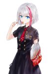 1girl admiral_graf_spee_(azur_lane) admiral_graf_spee_(girl&#039;s_sunday)_(azur_lane) azur_lane bangs black_dress blue_eyes chips dress eyebrows_visible_through_hair food highres holding holding_food looking_at_viewer mouth_hold multicolored_hair necktie red_necktie short_hair silver_hair solo standing suprii white_background 