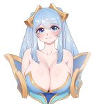  1girl bare_shoulders blue_eyes blue_hair blush breasts closed_mouth head_tilt highres huge_breasts league_of_legends long_hair looking_at_viewer simple_background smile solo sona_(league_of_legends) twintails upper_body white_background yabby 