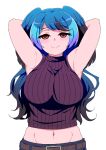  1girl aqua_hair arms_behind_head arms_up belt black_sweater blue_hair breasts brown_eyes closed_mouth cropped_sweater eyebrows_visible_through_hair half-closed_eyes head_wings highres kemono_friends large_breasts long_hair looking_at_viewer mamiyama multicolored_hair navel passenger_pigeon_(kemono_friends) ribbed_sweater seductive_smile sleeveless sleeveless_sweater smile solo sweater toned upper_body 