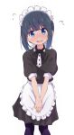 1girl apron bangs black_bow black_bowtie black_dress black_legwear blue_eyes blunt_bangs blunt_ends blush bow bowtie d: dark_blue_hair dot_nose dress embarrassed eyebrows_visible_through_hair feet_out_of_frame flustered flying_sweatdrops frilled_apron frilled_hairband frills full-face_blush furrowed_brow hairband highres looking_at_viewer maid_headdress minagi_hiyori murairamuraiari nervous_smile own_hands_clasped own_hands_together pantyhose pleated_dress puffy_short_sleeves puffy_sleeves raised_eyebrow short_hair short_sleeves sidelocks simple_background sleeve_cuffs slow_loop solo standing straight-on sweat symbol-only_commentary tareme uniform v_arms waist_apron waitress white_apron white_background white_hairband 