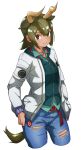  1girl alternate_costume animal_ears arm_at_side aurochs_(kemono_friends) belt brown_eyes cardigan casual closed_mouth collared_shirt contemporary cow_ears cow_girl cow_horns cow_tail cropped_legs dark-skinned_female dark_skin denim drawstring extra_ears eyebrows_visible_through_hair green_hair hair_between_eyes highres hood hood_down hooded_cardigan horizontal_pupils horns jacket jeans jewelry kemono_friends long_sleeves looking_at_viewer medium_hair open_clothes open_jacket pants pendant pocket shirt sidelocks simple_background smile solo tail tanabe_(fueisei) torn_clothes torn_jeans torn_pants unzipped white_background wing_collar zipper zipper_pull_tab 