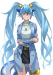  1girl alternate_costume animal_ears arms_under_breasts bangs belt black_skirt blue_eyes blue_hair blue_jacket crossed_arms dragon_tail extra_ears eyebrows_visible_through_hair hair_between_eyes highres jacket jewelry kemono_friends long_hair long_sleeves looking_away necklace ring seiryuu_(kemono_friends) shirt simple_background skirt solo tail tanabe_(fueisei) thighlet turtleneck twintails very_long_hair white_background white_shirt 