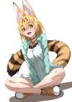  1girl :d alternate_costume animal_ear_fluff animal_ears aqua_jacket bangs blonde_hair casual dress extra_ears eyebrows_visible_through_hair full_body hair_between_eyes highres indian_style jacket kemono_friends looking_at_viewer open_mouth orange_eyes serval_(kemono_friends) shoes simple_background sitting smile solo tail tanabe_(fueisei) white_background white_dress 
