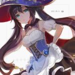  1girl 25company bell birthday black_hair blue_headwear breasts choker corset detached_sleeves dress genshin_impact green_eyes hair_between_eyes hat long_hair mona_(genshin_impact) open_mouth twintails white_dress witch_hat 